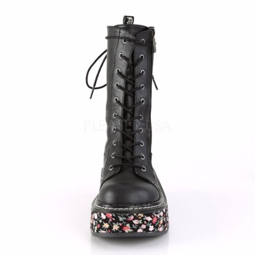Product image of Demonia Emily-350 Black Vegan Leather-Floral Fabric, 2 inch Platform Knee High Boot