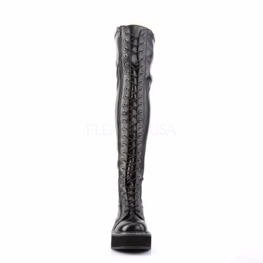 Product image of Demonia Emily-375 Black Stretch Vegan Leather, 2 inch Platform Thigh High Boot