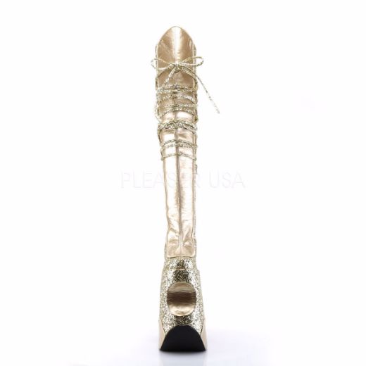 Product image of Pleaser Pink Label Fabulous-3035 Gold Crinkle Patent-Glitter, 8 3/4 inch (22.2 cm) Heel, 8 1/4 inch (21 cm) Platform Thigh High Boot