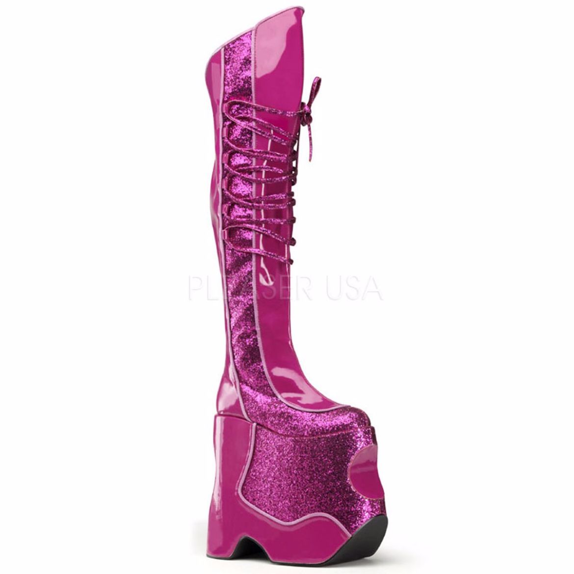 Product image of Pleaser Pink Label Fabulous-3035 Hot Pink Crinkle Patent-Gltr, 8 3/4 inch (22.2 cm) Heel, 8 1/4 inch (21 cm) Platform Thigh High Boot