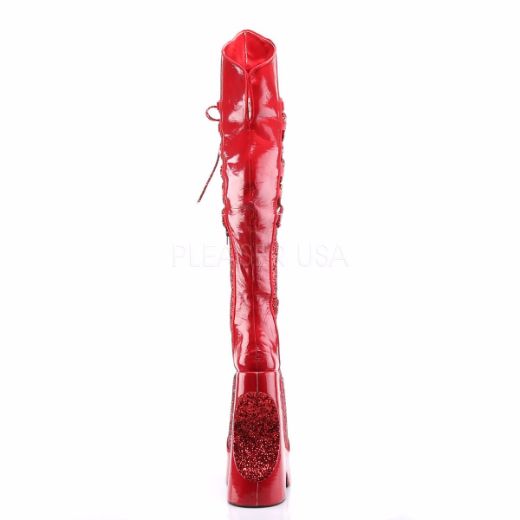 Product image of Pleaser Pink Label Fabulous-3035 Red Crinkle Patent-Gltr, 8 3/4 inch (22.2 cm) Heel, 8 1/4 inch (21 cm) Platform Thigh High Boot