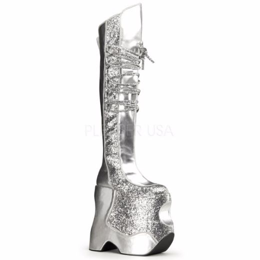 Product image of Pleaser Pink Label Fabulous-3035 Silver Crinkle Patent-Gltr, 8 3/4 inch (22.2 cm) Heel, 8 1/4 inch (21 cm) Platform Thigh High Boot