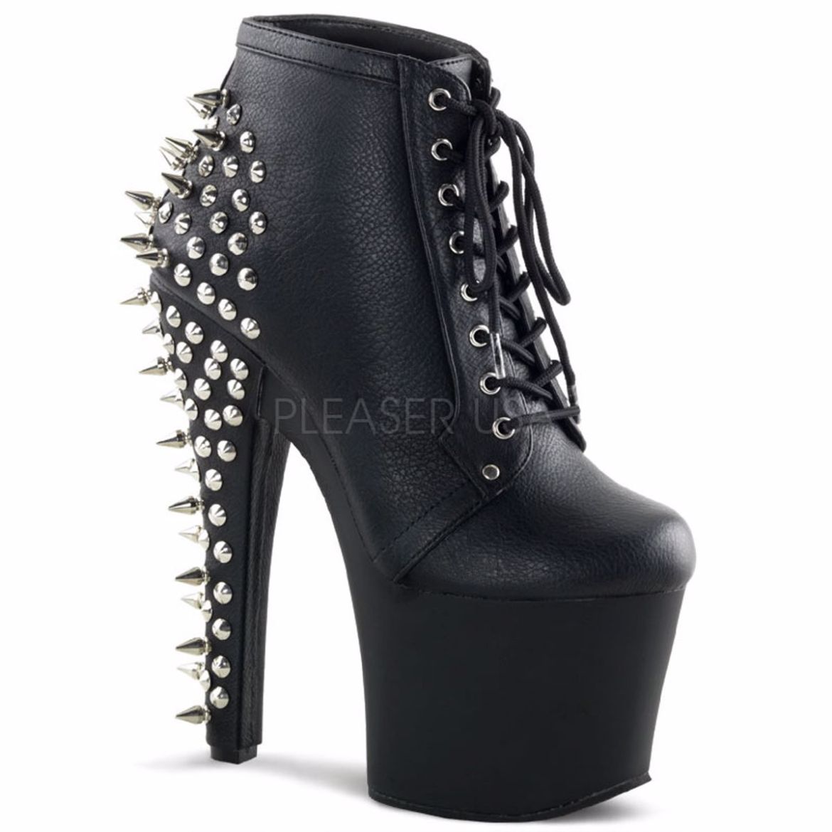Product image of Pleaser Fearless-700-28 Black Faux Leather/Black Matte, 7 inch (17.8 cm) Heel, 3 1/4 inch (8.3 cm) Platform Ankle Boot