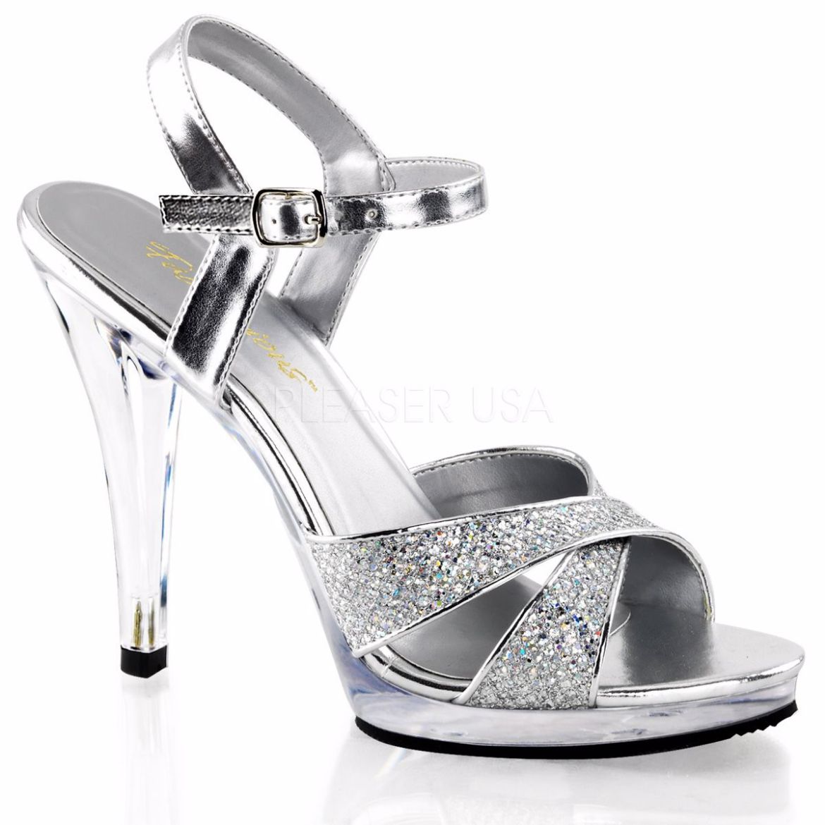 Product image of Fabulicious Flair-419(G) Silver Multi Glitter/Clear, 4 1/2 inch (11.4 cm) Heel, 1/2 inch (1.3 cm) Platform Sandal Shoes