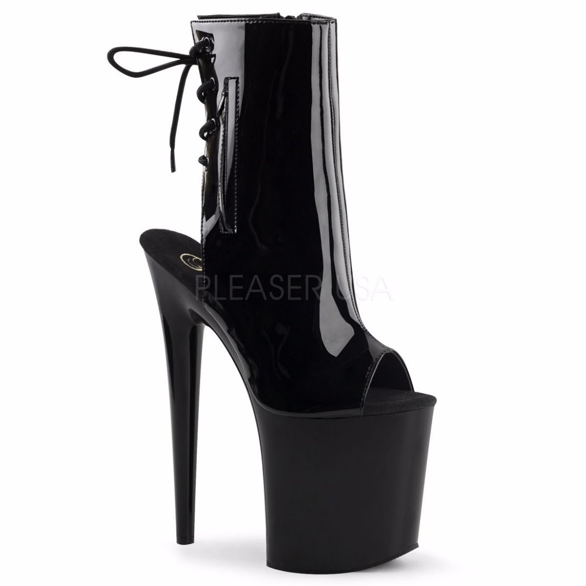 Product image of Pleaser Flamingo-1018 Black Patent/Black, 8 inch (20.3 cm) Heel, 4 inch (10.2 cm) Platform Ankle Boot