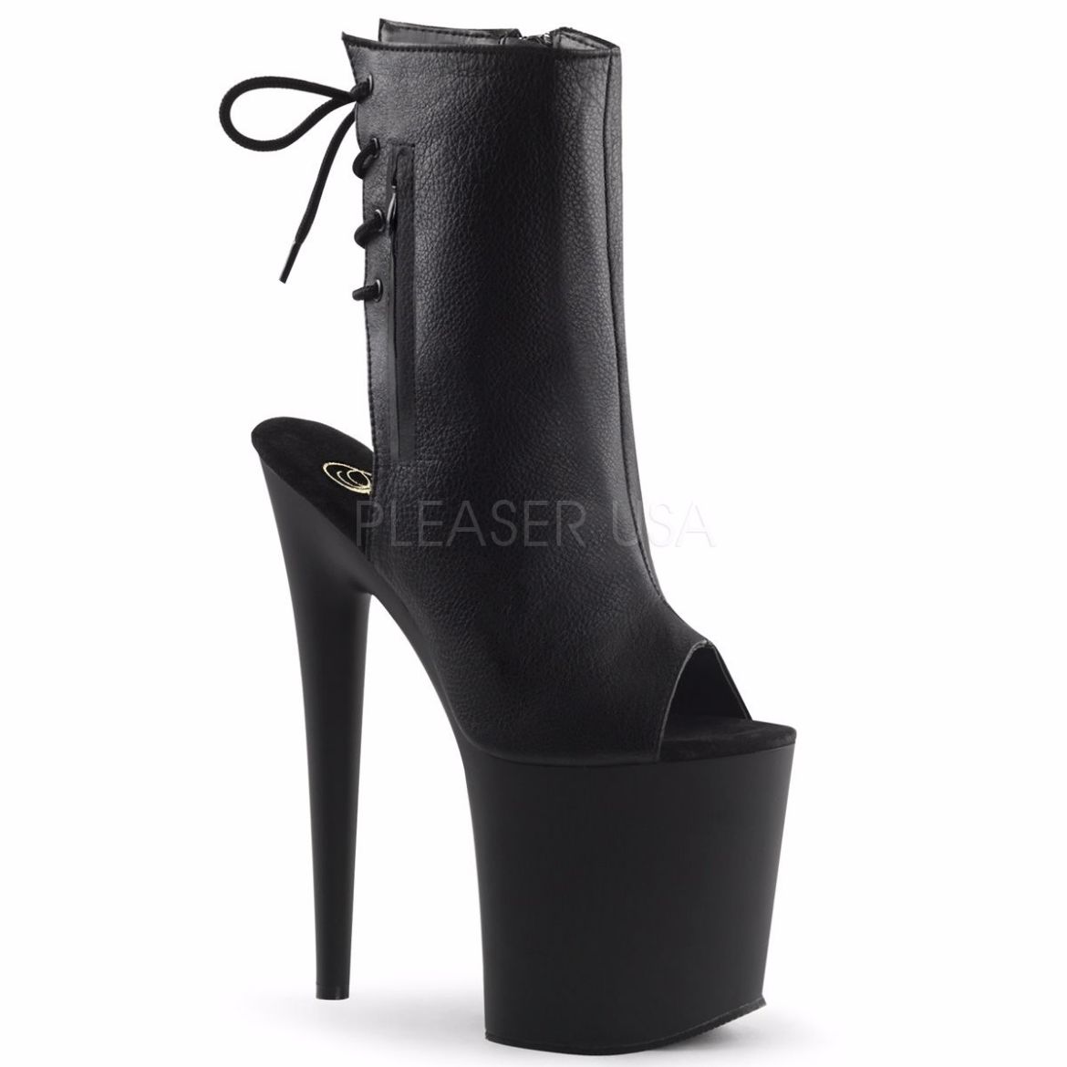 Product image of Pleaser Flamingo-1018 Black Faux Leather/Black Matte, 8 inch (20.3 cm) Heel, 4 inch (10.2 cm) Platform Ankle Boot