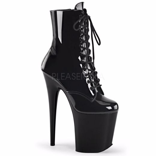 Product image of Pleaser Flamingo-1020 Black Patent/Black, 8 inch (20.3 cm) Heel, 4 inch (10.2 cm) Platform Ankle Boot