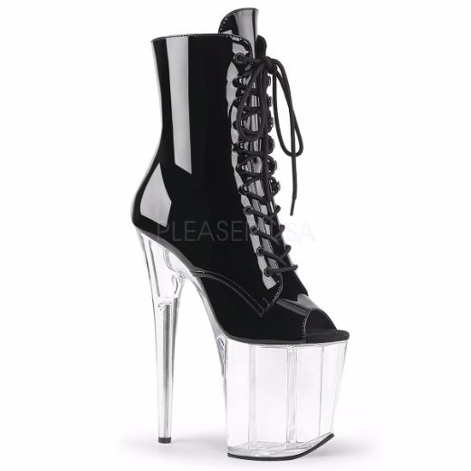 Product image of Pleaser Flamingo-1021 Black Patent/Clear, 8 inch (20.3 cm) Heel, 4 inch (10.2 cm) Platform Ankle Boot