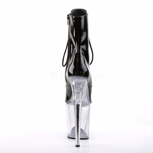 Product image of Pleaser Flamingo-1021 Black Patent/Clear, 8 inch (20.3 cm) Heel, 4 inch (10.2 cm) Platform Ankle Boot