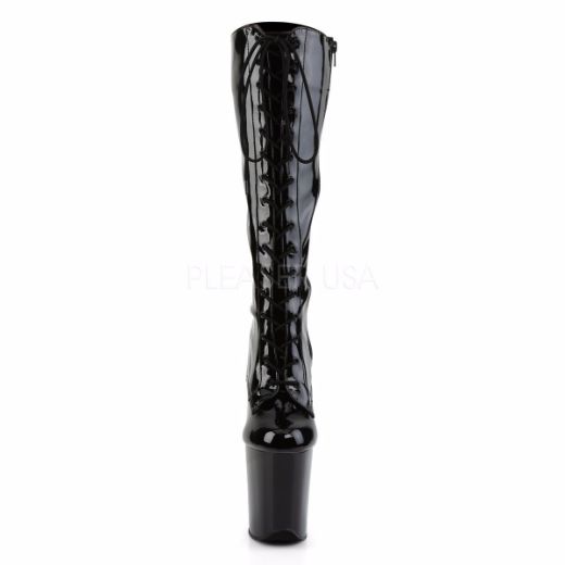 Product image of Pleaser Flamingo-2023 Black Stretch Patent/Black, 8 inch (20.3 cm) Heel, 4 inch (10.2 cm) Platform Knee High Boot