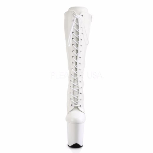 Product image of Pleaser Flamingo-2023 White Stretch Faux Leather/White, 8 inch (20.3 cm) Heel, 4 inch (10.2 cm) Platform Knee High Boot