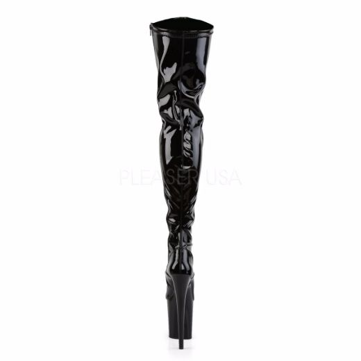 Product image of Pleaser Flamingo-3000 Black Stretch Patent/Black, 8 inch (20.3 cm) Heel, 4 inch (10.2 cm) Platform Thigh High Boot