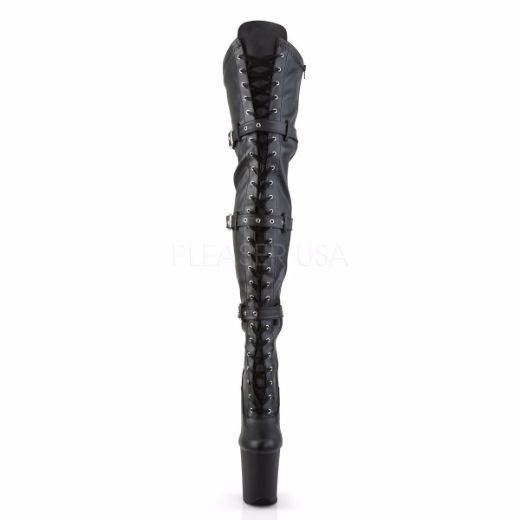 Product image of Pleaser Flamingo-3028 Black Stretch Faux Leather/Black Matte, 8 inch (20.3 cm) Heel, 4 inch (10.2 cm) Platform Thigh High Boot