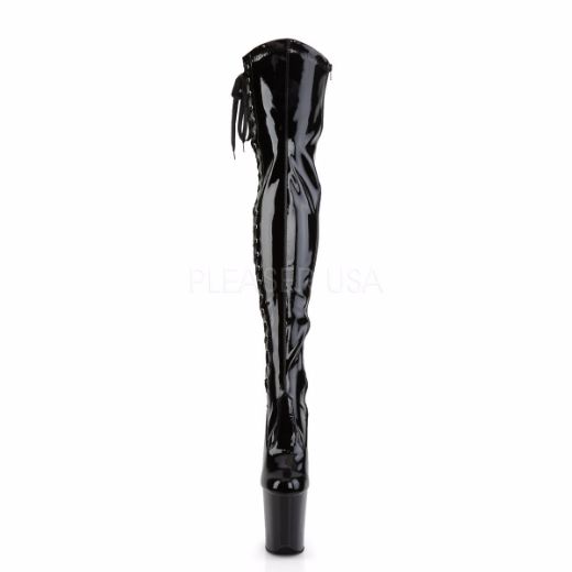 Product image of Pleaser Flamingo-3050 Black Stretch Patent/Black, 8 inch (20.3 cm) Heel, 4 inch (10.2 cm) Platform Thigh High Boot