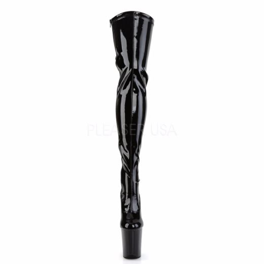Product image of Pleaser Flamingo-3063 Black Stretch Patent/Black, 8 inch (20.3 cm) Heel, 4 inch (10.2 cm) Platform Thigh High Boot