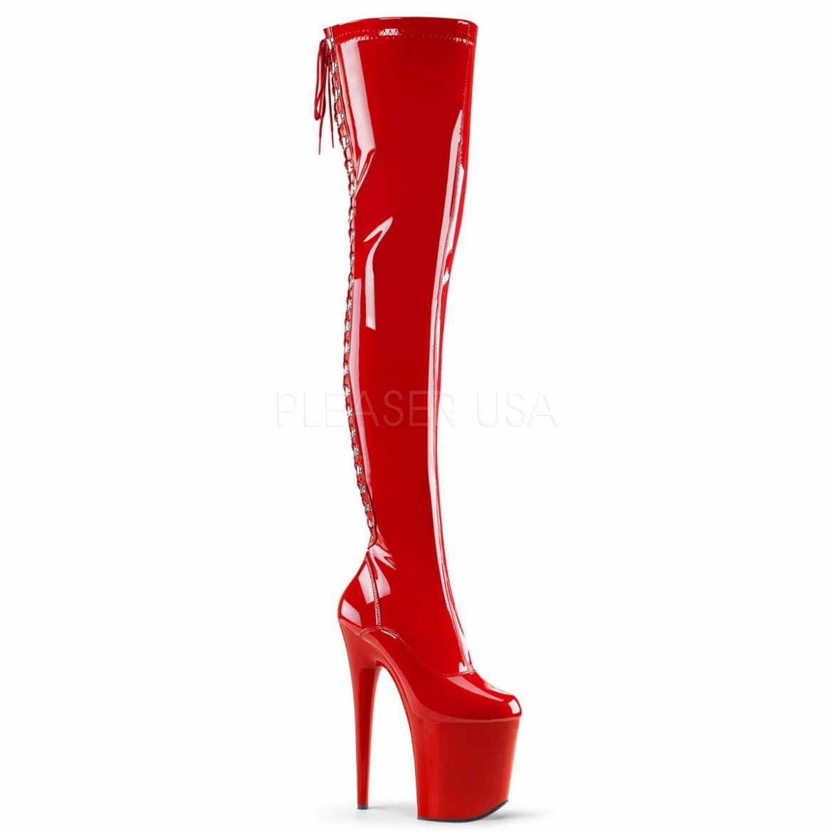 Product image of Pleaser Flamingo-3063 Red Stretch Patent/Red, 8 inch (20.3 cm) Heel, 4 inch (10.2 cm) Platform Thigh High Boot