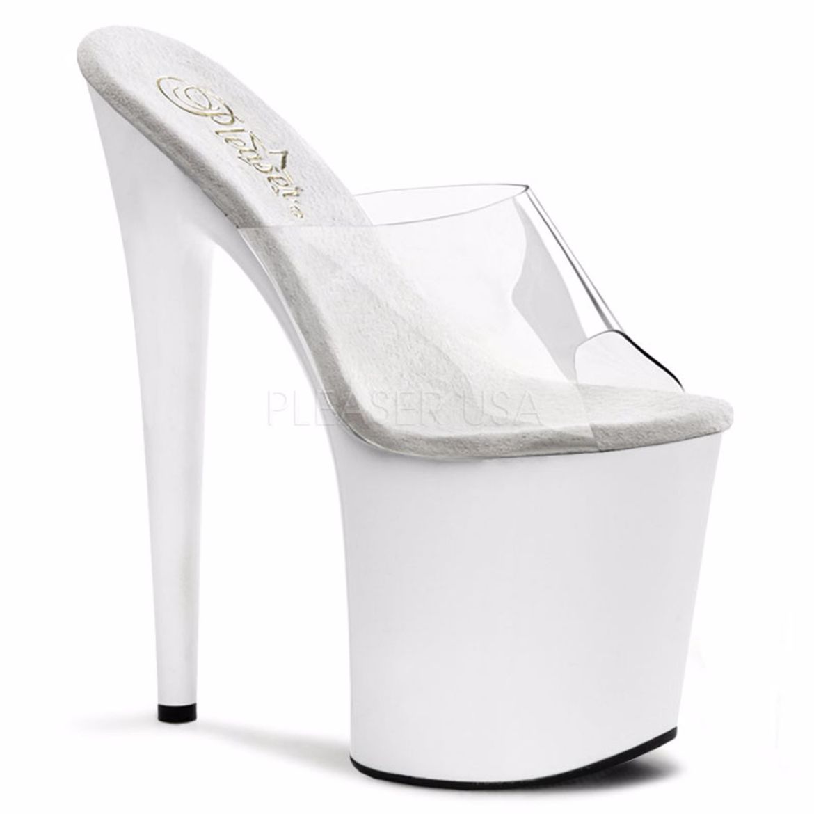 Product image of Pleaser Flamingo-801 Clear/White, 8 inch (20.3 cm) Heel, 4 inch (10.2 cm) Platform Slide Mule Shoes