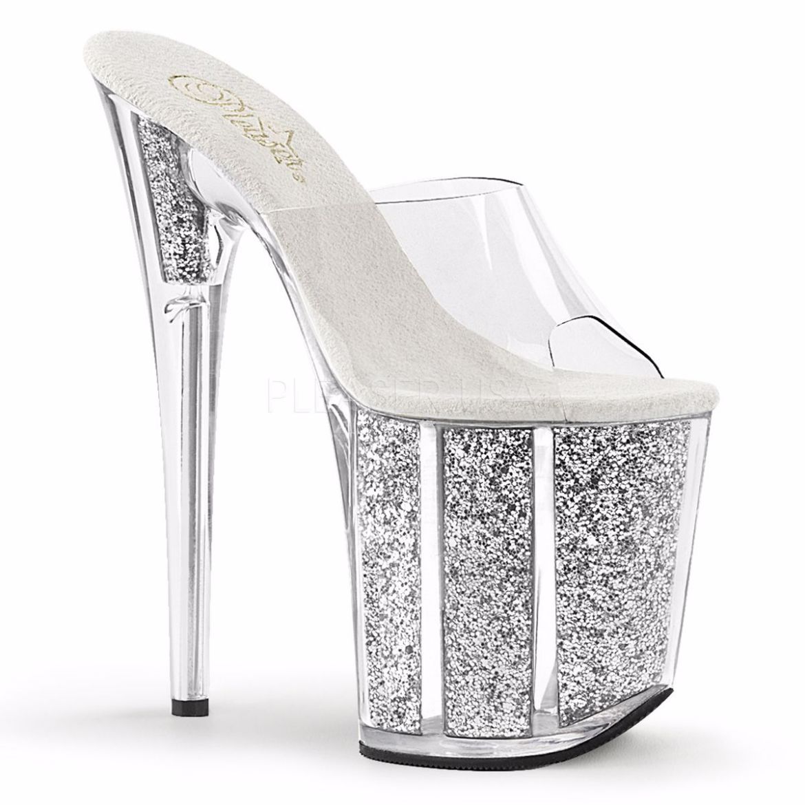 Product image of Pleaser Flamingo-801G Clear/Silver Glitter, 8 inch (20.3 cm) Heel, 4 inch (10.2 cm) Platform Slide Mule Shoes