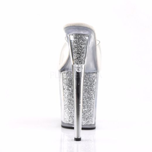 Product image of Pleaser Flamingo-801G Clear/Silver Glitter, 8 inch (20.3 cm) Heel, 4 inch (10.2 cm) Platform Slide Mule Shoes