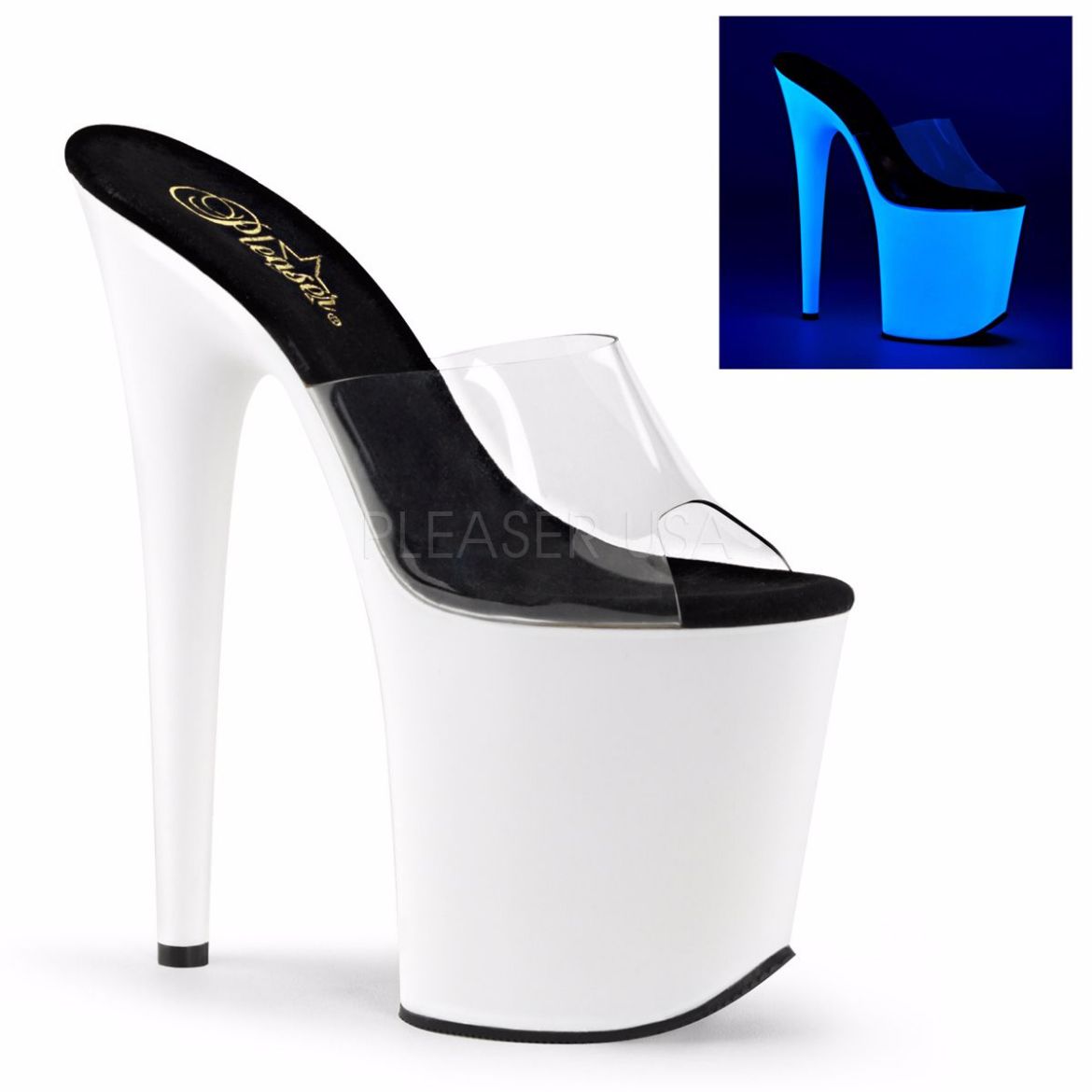 Product image of Pleaser Flamingo-801Uv Clear/Neon White, 8 inch (20.3 cm) Heel, 4 inch (10.2 cm) Platform Slide Mule Shoes