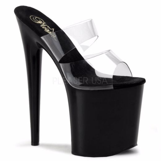 Product image of Pleaser Flamingo-802 Clear/Black, 8 inch (20.3 cm) Heel, 4 inch (10.2 cm) Platform Slide Mule Shoes