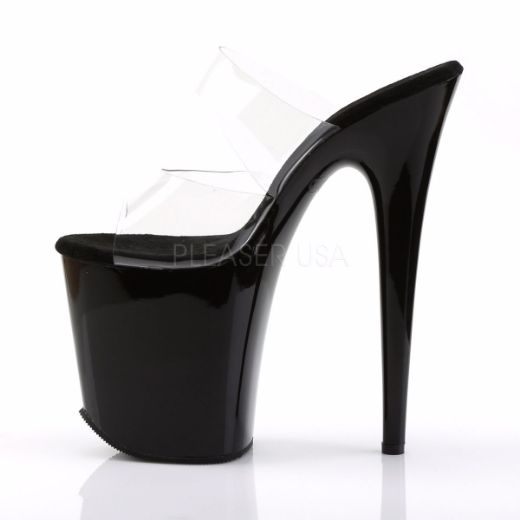 Product image of Pleaser Flamingo-802 Clear/Black, 8 inch (20.3 cm) Heel, 4 inch (10.2 cm) Platform Slide Mule Shoes