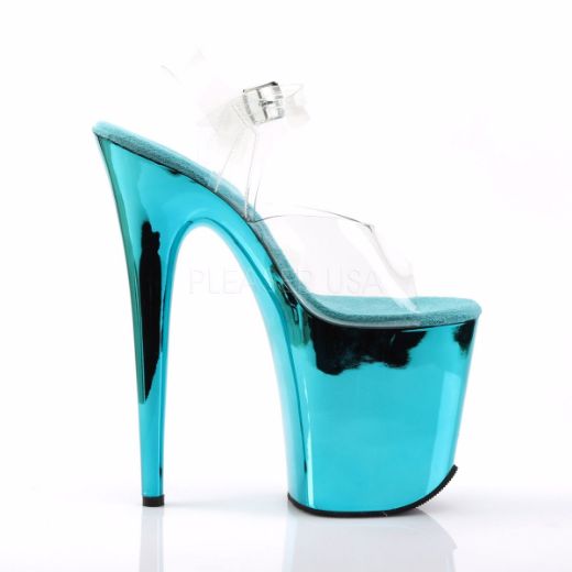 Product image of Pleaser Flamingo-808 Clear/Turquoise Chrome, 8 inch (20.3 cm) Heel, 4 inch (10.2 cm) Platform Sandal Shoes