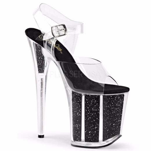 Product image of Pleaser Flamingo-808G Clear/Black Glitter, 8 inch (20.3 cm) Heel, 4 inch (10.2 cm) Platform Sandal Shoes