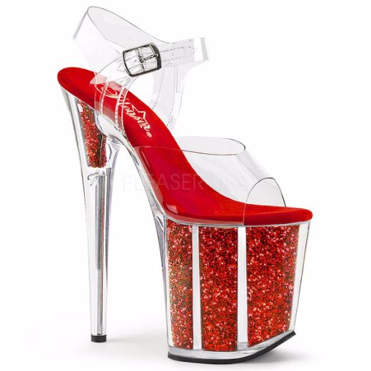 Product image of Pleaser Flamingo-808G Clear/Red Glitter, 8 inch (20.3 cm) Heel, 4 inch (10.2 cm) Platform Sandal Shoes