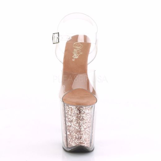 Product image of Pleaser Flamingo-808G Clear/Rose Gold Glitter, 8 inch (20.3 cm) Heel, 4 inch (10.2 cm) Platform Sandal Shoes
