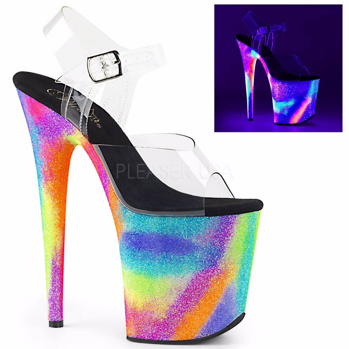 Product image of Pleaser Flamingo-808Gxy Clear/Neon Glitter, 8 inch (20.3 cm) Heel, 4 inch (10.2 cm) Platform Sandal Shoes