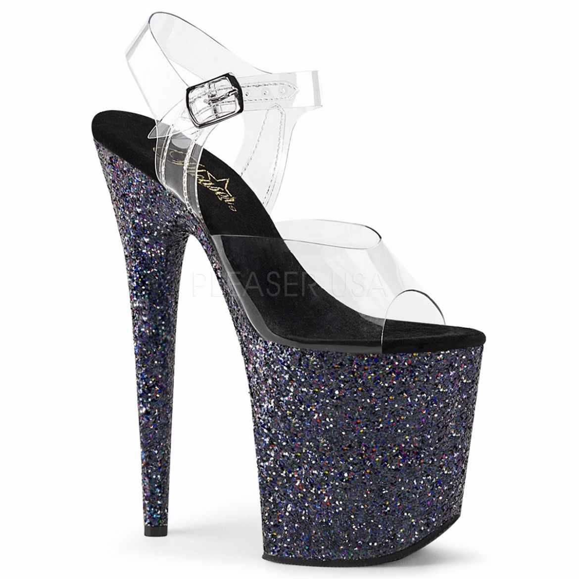 Product image of Pleaser Flamingo-808Lg Clear/Black Multi Glitter, 8 inch (20.3 cm) Heel, 4 inch (10.2 cm) Platform Sandal Shoes