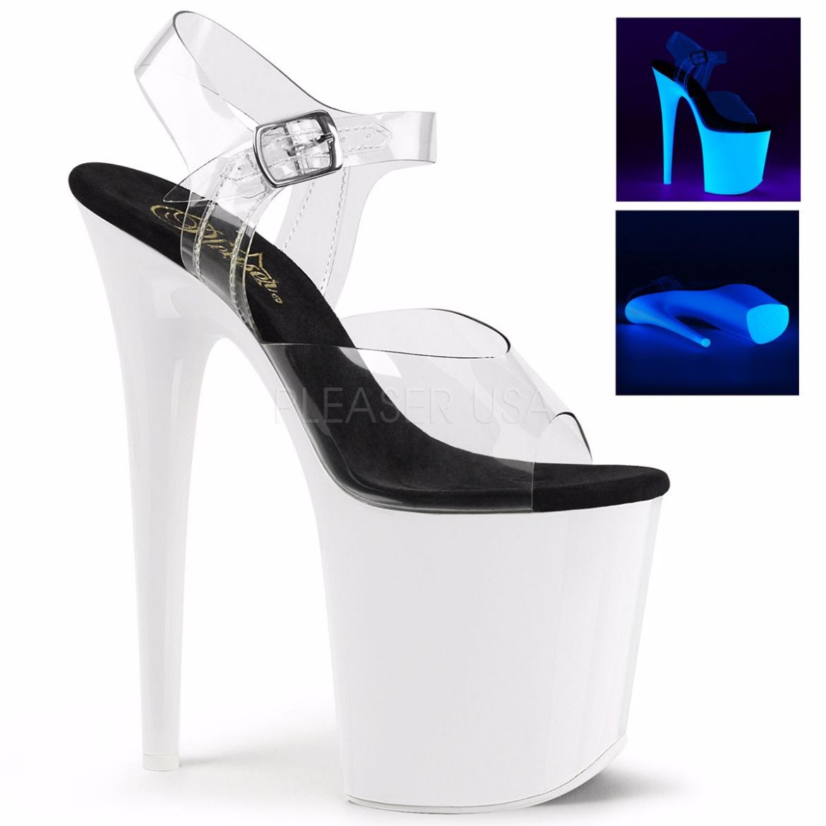 Product image of Pleaser Flamingo-808Uv Clear/Neon White, 8 inch (20.3 cm) Heel, 4 inch (10.2 cm) Platform Sandal Shoes