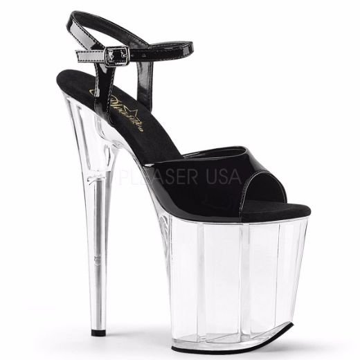 Product image of Pleaser Flamingo-809 Black Patent/Clear, 8 inch (20.3 cm) Heel, 4 inch (10.2 cm) Platform Sandal Shoes
