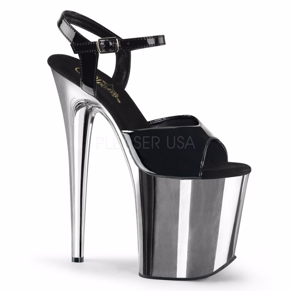 Product image of Pleaser Flamingo-809 Black Patent/Silver Chrome, 8 inch (20.3 cm) Heel, 4 inch (10.2 cm) Platform Sandal Shoes