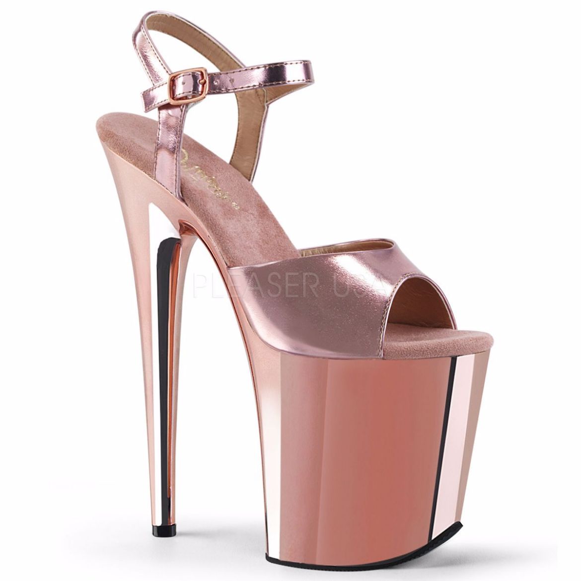 Product image of Pleaser Flamingo-809 Rose Gold Met. Pu/Rose Gold Chrome, 8 inch (20.3 cm) Heel, 4 inch (10.2 cm) Platform Sandal Shoes