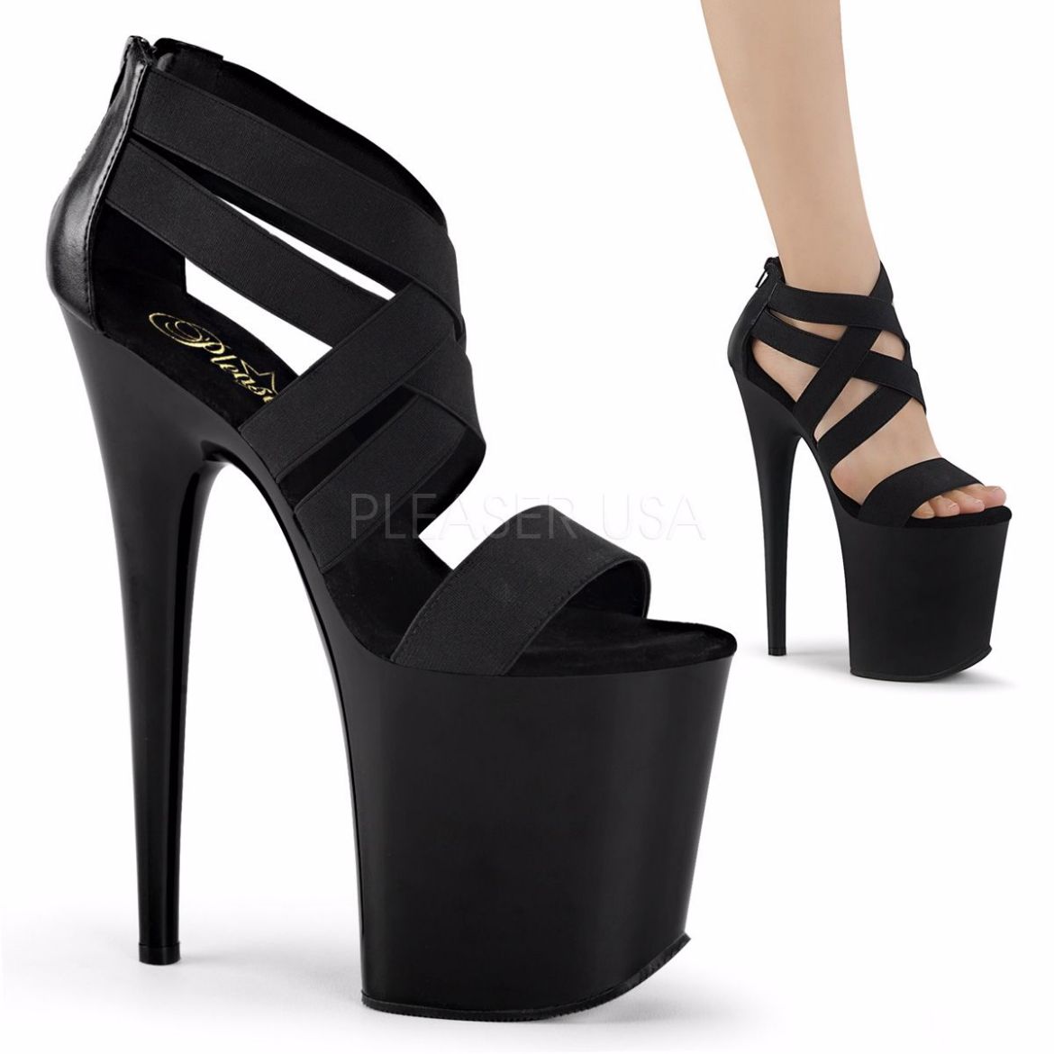 Product image of Pleaser Flamingo-869 Black Elastic Band-Faux Leather/Black Matte, 8 inch (20.3 cm) Heel, 4 inch (10.2 cm) Platform Sandal Shoes
