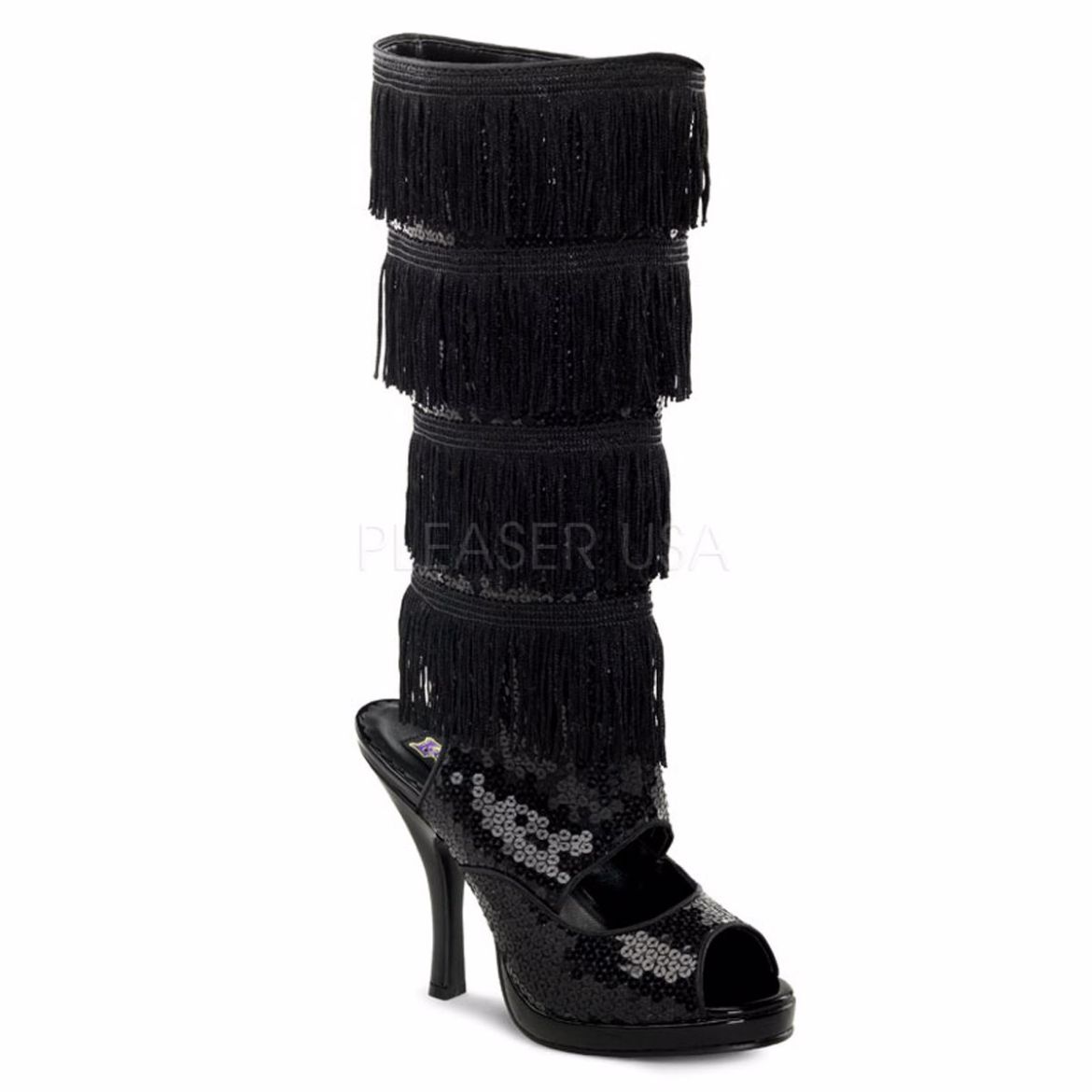 Product image of Funtasma Flapper-168 Black Sequins, 4 1/2 inch (11.4 cm) Heel, 3/4 inch (1.9 cm) Platform Knee High Boot