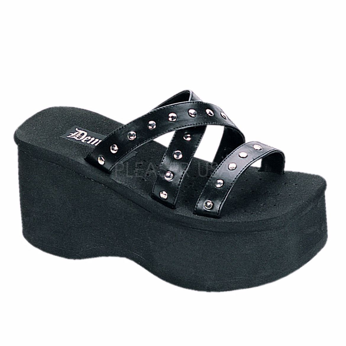 Product image of Demonia Funn-19 Black Vegan Leather, 3 1/2 inch Platform Slide Mule Shoes