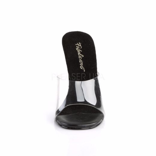 Product image of Fabulicious Gala-01 Clear-Black/Black Matte, 4 1/2 inch (11.4 cm) Heel Slide Mule Shoes
