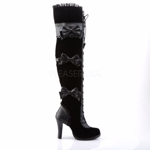 Product image of Demonia Glam-300 Black Vegan Leather-Velvet, 3 3/4 inch (9.5 cm) Heel, 1/2 inch (1.3 cm) Platform Knee High Boot