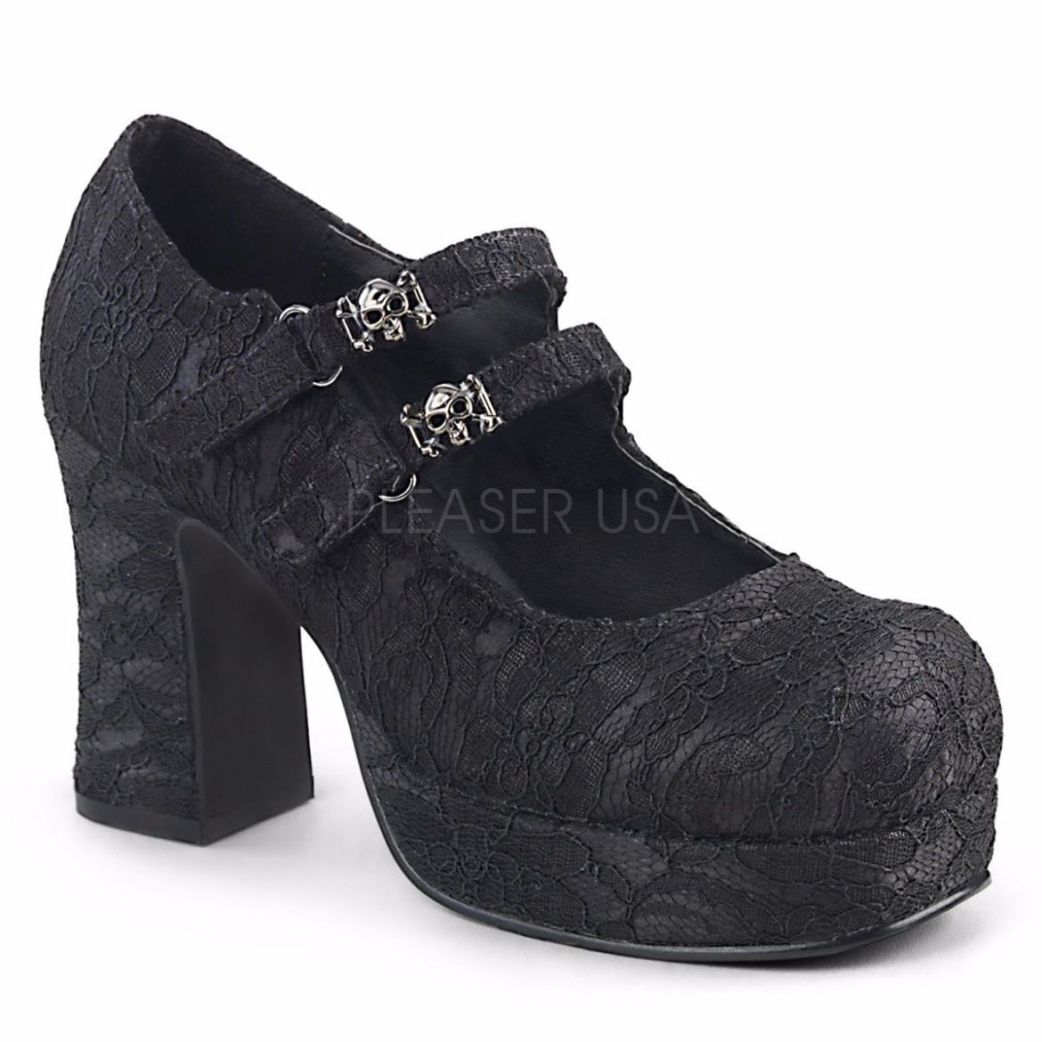 Product image of Demonia Gothika-09 Black Satin-Lace, 3 3/4 inch (9.5 cm) Heel, 1 1/4 inch (3.2 cm) Platform Court Pump Shoes