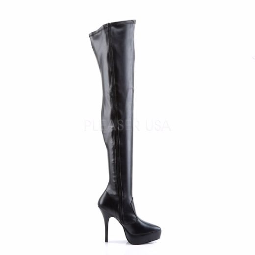Product image of Devious Indulge-3000 Black Stretch Pu, 5 1/4 inch (13.3 cm) Heel, 1 1/4 inch (3.2 cm) Platform Thigh High Boot