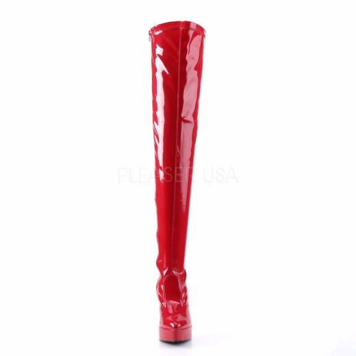 Product image of Devious Indulge-3000 Red Stretch Patent, 5 1/4 inch (13.3 cm) Heel, 1 1/4 inch (3.2 cm) Platform Thigh High Boot