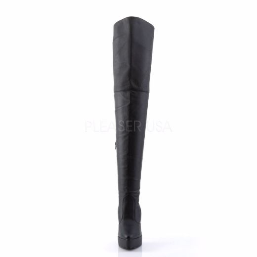 Product image of Devious Indulge-3011 Black Leather (P), 5 1/4 inch (13.3 cm) Heel, 1 1/4 inch (3.2 cm) Platform Thigh High Boot
