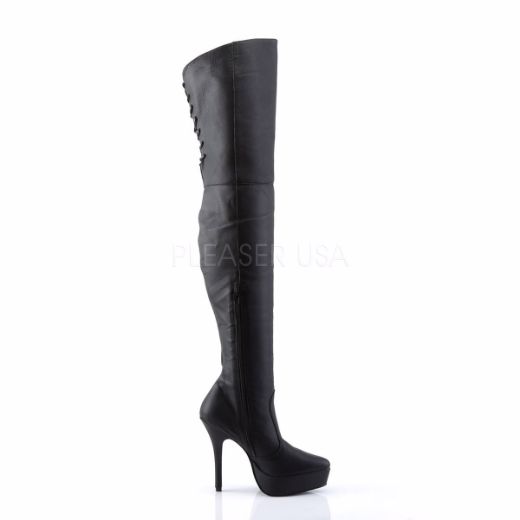 Product image of Devious Indulge-3011 Black Leather (P), 5 1/4 inch (13.3 cm) Heel, 1 1/4 inch (3.2 cm) Platform Thigh High Boot