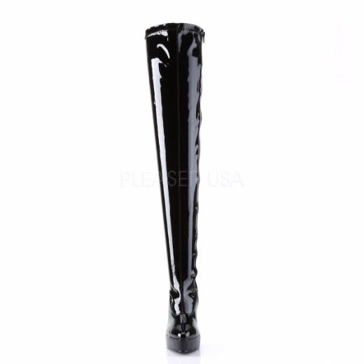 Product image of Devious Indulge-3063 Black Stretch Patent, 5 1/4 inch (13.3 cm) Heel, 1 1/4 inch (3.2 cm) Platform Thigh High Boot