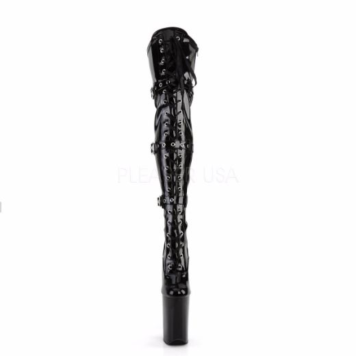 Product image of Pleaser Infinity-3028 Black Stretchetch Patent/Black, 9 inch (22.9 cm) Heel, 5 1/4 inch (13.3 cm) Platform Thigh High Boot