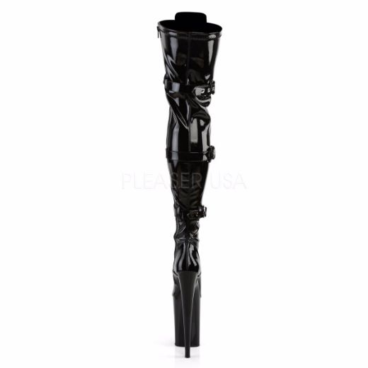 Product image of Pleaser Infinity-3028 Black Stretchetch Patent/Black, 9 inch (22.9 cm) Heel, 5 1/4 inch (13.3 cm) Platform Thigh High Boot