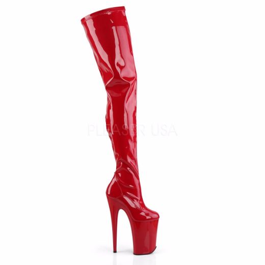Product image of Pleaser Infinity-4000 Red Stretch Patent/Red, 9 inch (22.9 cm) Heel, 5 1/4 inch (13.3 cm) Platform Thigh High Boot